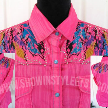 Vintage Retro Women's Cowgirl Western Shirt by Rock & Roll Cowgirl, Embroidered Feathers and Rhinestones, Tag Size Medium (see meas. photo) 