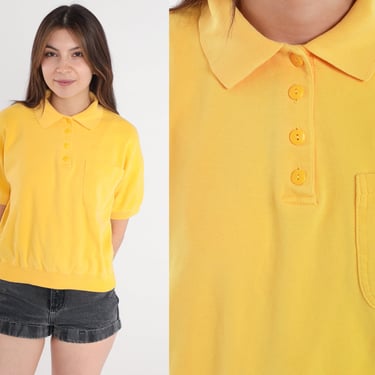 Yellow Polo Shirt 80s Collared Tshirt Preppy Basic Short Sleeve Top Pocket Tee Banded Hem Retro Collar Plain Solid Vintage 1980s Medium M 