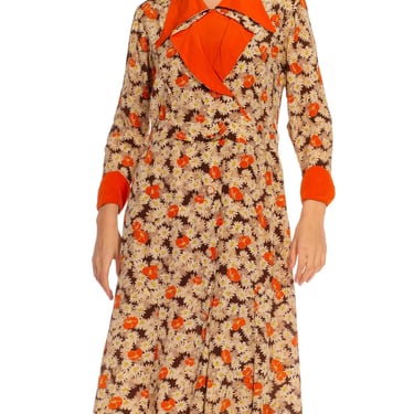 1930S Orange  Cream Silk Blend Daisy Poppy Printed Dress 