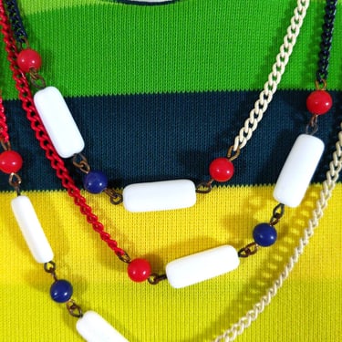 Wear Short or Long - Cool Vintage 60s 70s Navy Blue Red White Beaded Long Chain Necklace 