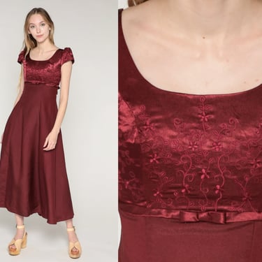 Maroon Gown 90s Party Dress Floral Embroidered Maxi Dress Formal Empire Waist Puff Cap Sleeve Cocktail Prom Bow Vintage 1990s Extra Small xs 