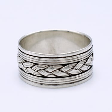 70's 925 silver braided center size 10 cigar band, wide textured sterling twined ribbon hippie ring 