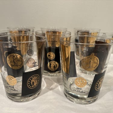 8 Vintage Cera Black and Gold Coin Rocks Cocktail Glasses Barware,  retro American barware, Man cave barware, mcm barware, gifts for dad 