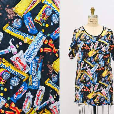 90s Vintage Nicole Miller Silk Shirt Size Large with Chocolate Candy Bar Food Print// 90s Pop art Conversational Print Silk Shirt 