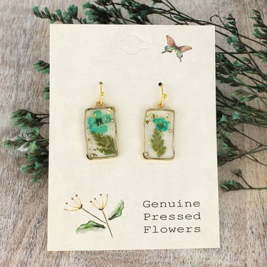 Cottage Turquoise Dried Flower Rectangle Earrings