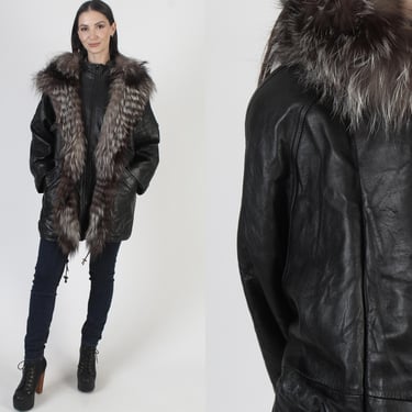 Leather Real Silver Fox Jacket, Vintage Black Leather Trench, Deep Fur Lined Hood, Apres Ski Coat 