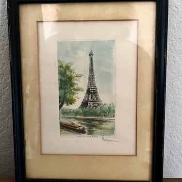 Vintage Hand Colored Etching Eiffel Tour 