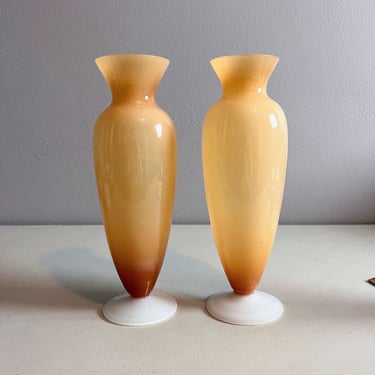 Vintage Empoli Glass Vases Beige Ombre Opalescent White Vase Pair Italian Glass 