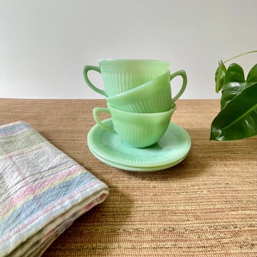 Vintage Fire King Jadeite Cups and Saucers - Jadeite Oven Glass - Jane Ray Cups & Saucers - Jade-ite Oven Glass - Anchor Hocking 
