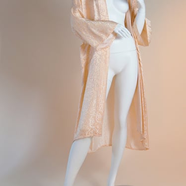vintage silk robe in peach with white embroidery ribbon detail 