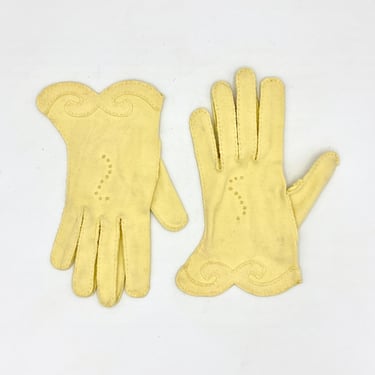 Vintage 1960s Yellow Gloves, Mid-Century Standard Wrist Length Gloves with Hand-Stitched Detailing 