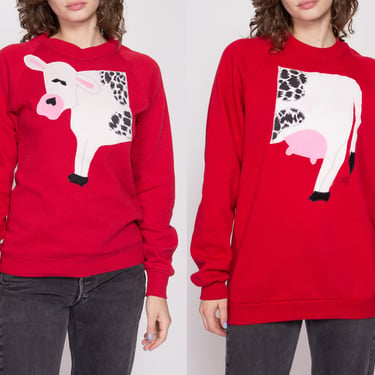 90s Cow His & Hers Sweatshirts - Medium And XL | Vintage Front Back Funny Animal Applique Crewneck Sweatshirt 
