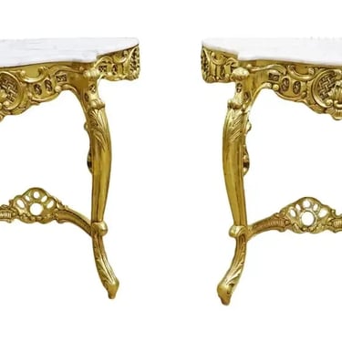 Pair French Louis XV Gilded Console Tables with White Marble Tops