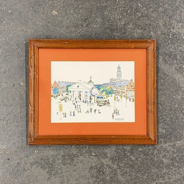 Vintage Helen Mcdermott Art 1970s Retro Size 19x23 Contemporary + Ink and Watercolor + Boston + Quincy Market Revived + Singed + Wall Decor 