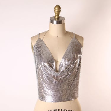 Vintage Y2K Silver Metal Chainmail Deep V Neck Halter Top -S-L 