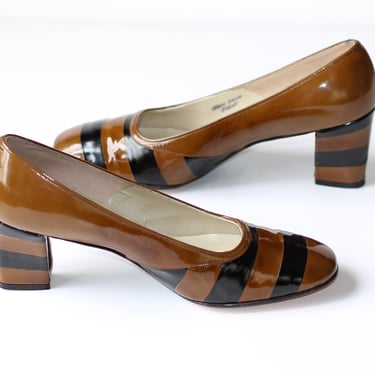1960s Frank More Striped Patent Leather Block Heel Pumps - Vintage 60s Mod Mid Heel Shoes - Size 6 