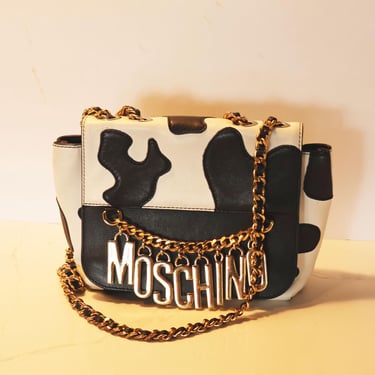 Vintage MOSCHINO Y2K Leather Cow Print Flap Bag with Logo Charm + Chain Strap Detail Black White 2000s Crossbody Shoulder 