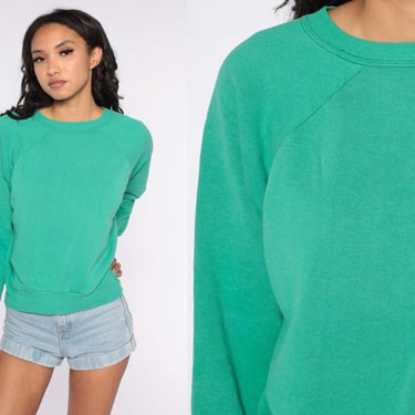 80s Sweatshirt Green Crewneck Sweatshirt Raglan Sleeve Plain Long Sleeve Shirt Slouchy 1980s Vintage Sweat Shirt Normcore Large Petite 