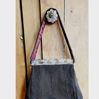 Vintage 40s Brown Corde Handbag Clear Lucite Top 