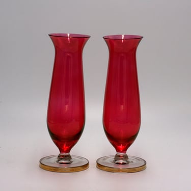 vintage ruby glass footed bud vases/set of two 