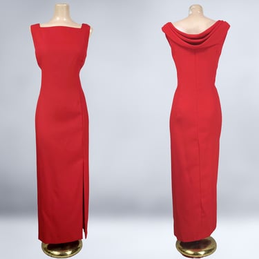 VINTAGE 90s Red Side Slit Formal Cowl Back Dress Jessica Rabbit Style By Virgo Sz 16 | 1990s Bombshell Siren Prom Gown | VFG 