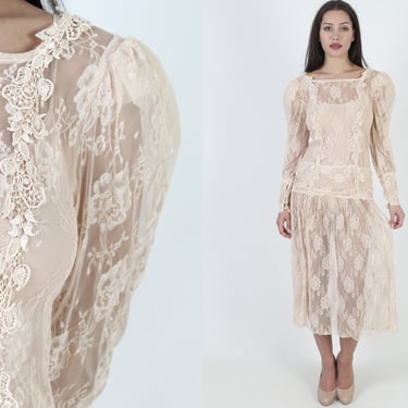 Tan Deco Wedding Dress Size Small Medium / Sheer Floral Lace Flapper Dress / Vintage 1980's See Through Bridal Outfit 