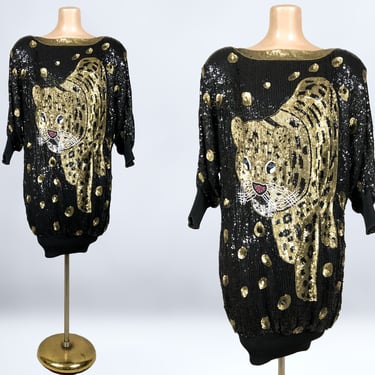 VINTAGE 80s Incredible Sequin Beaded Big Cat Mini Dress | 1980s Leopard Tiger Embellished Party Dress | Balloon Sleeve Bubble Tunic Sweater 