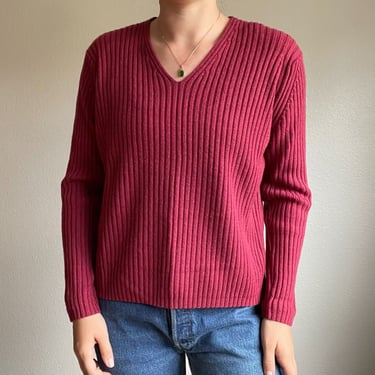 Vintage 90s Womens LL Bean V Neck Red Ribbed Long Sleeve Wool Sweater Sz L 