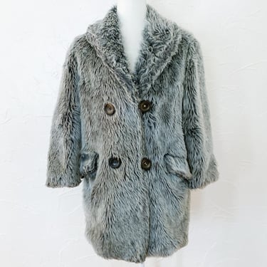 60s White Stag Silver Gray Shaggy Faux Fur Coat | Large 