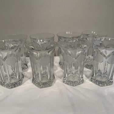 Fostoria Coin Cocktail Bar Glasses Heavy Iced Tea Tumblers set of 8, clear glass barware, MCM dinning room decor, pitcher with glass 