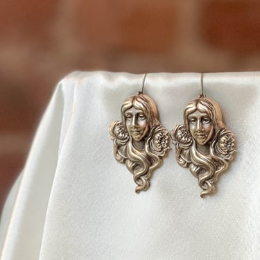 Victorian Art Nouveau earrings, vintage antique brass Mucha earrings, female face earrings, cottagecore dark academia handmade jewelry 