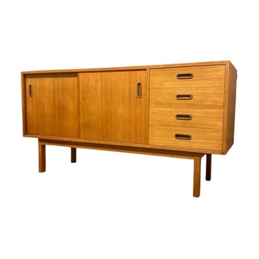Free shipping within continental US - Vintage Danish Mid Century Modern Oak Record Cabinet or Credenza with Solid Wood Inset Pulls 