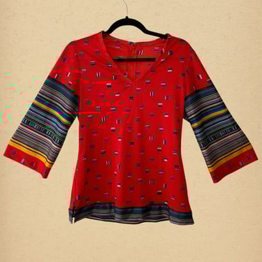 Vintage 70s Edith Flagg Patterned Blouse with Bell Sleeves, Size Small 