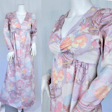 Empire Waist 1970's Ethereal Phoenix Bird Print Long Poly Maxi Dress I Sz Med I Lavender Pink 