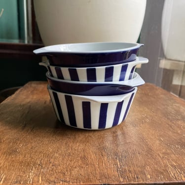 Set 4 Danild Lyngby Porcelain Soup Bowls Stripe + Solid Blue 1960s Picknic Danish Vintage Mid-Century Kitchenware 