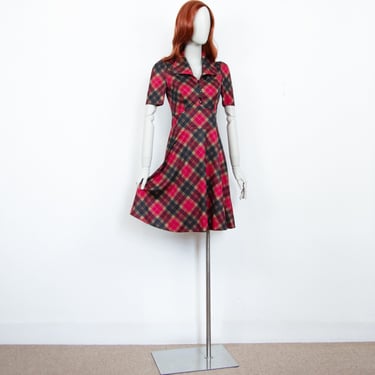 Vintage 70s Red Beige Black Check Mini Dress Fit & Flare Wing Collar Short Sleeves  Size S UK 8 