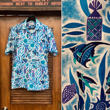 Vintage 1950’s Atomic Fish Tiki Loop Collar Cotton Rockabilly Hawaiian Shirt, 50’s Vintage Clothing 