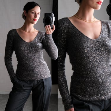 Vintage DONNA KARAN Black Label Gunmetal Gray Sequined Cashmere & Silk Blend V-Neck Sweater Top | Cashmere/Silk | Y2K DKNY Designer Cozy Top 