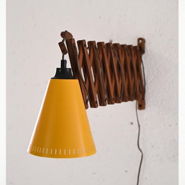 Vintage Wall Lamp with Extendable Wooden Arm and Yellow Metal Shade 