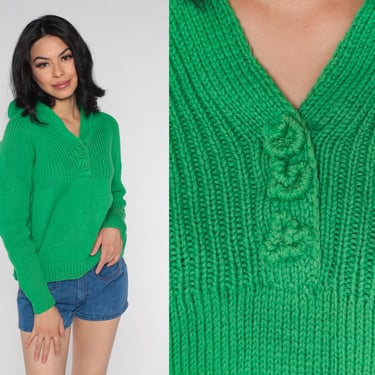 70s Green Sweater V Neck Sweater Ribbed Plain Knit Jumper Vintage 1970s Long Raglan Sleeve Normcore Retro Small Medium 