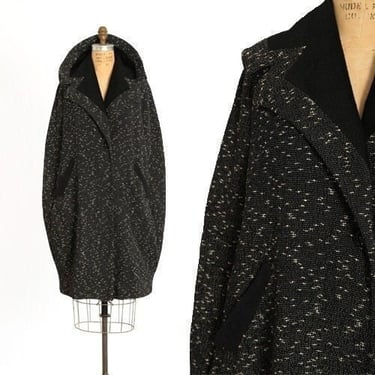 Vintage 40s English wool cape | 1940s black wool bouclé cocoon cape coat 