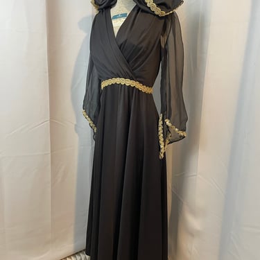 Witchy Goth Dress with Hood Cape Black and Gold 70s vintage Witch M L 