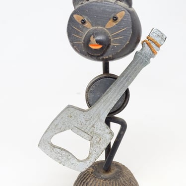 Antique Cool 1950's Black Cat Can Opener for Halloween, Hand Carved Wood, Metal & Composite, Retro MCM Decor,  Vintage 
