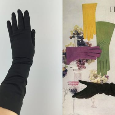 Her Boredom Was Overwhelming - Vintage 1950s Hansen Ink Black Nylon Pin Tucked Mid Arm Gloves  - 6.5/7 
