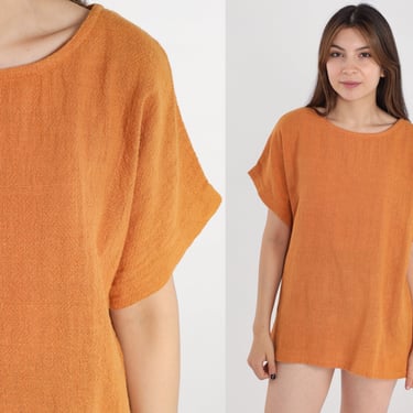 Burnt Orange Blouse 80s Woven Shirt Cotton Top Short Sleeve Simple Basic Plain Retro Summer Bohemian Hippie Boho Vintage 1980s Large L 