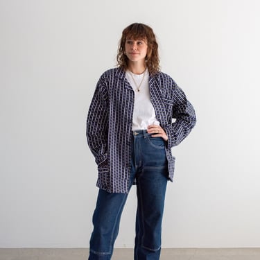 Vintage Navy Blue Patterned Striped Shirt Jacket | Unisex Flannel Stripe Cotton Pajama Chore Shop | S M | SJ029 