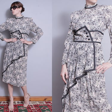 Vintage 1970's/1980's | Floral | Bias Trim Skirt | Midi | Dress | S 