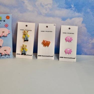Pig Buttons Lot of 10 New Old Stock Buttons On Original Cards Wood Hand Painted Buttons and JHB Hand Painted Buttons Pig Collector Craft 