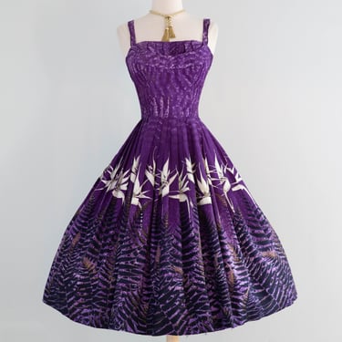 Iconic 1950's Alfred Shaheen Purple Birds Of Paradise Print Sun Dress / M