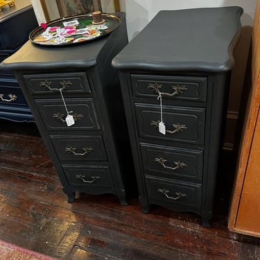 A pair! Gray painted repurposed 3 drawer nightstands. 22” x 14” x 30.25” 